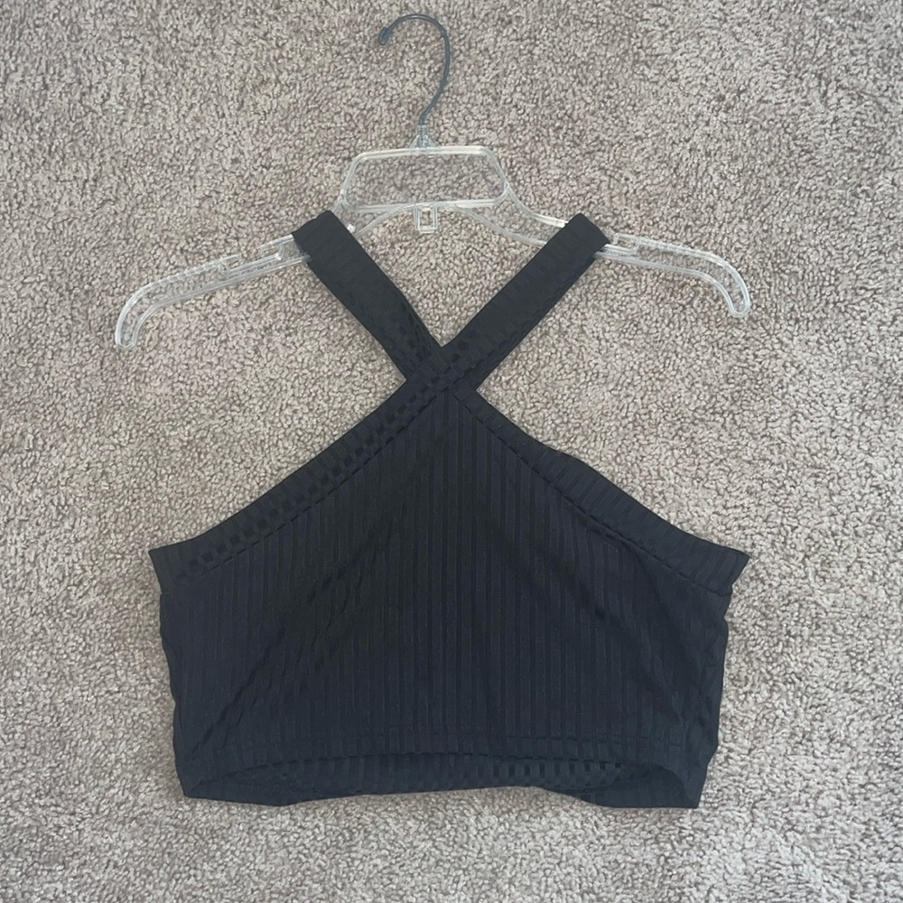 SHEIN Ribbed Crop Top Cross Neck Black Top Size L 8/10